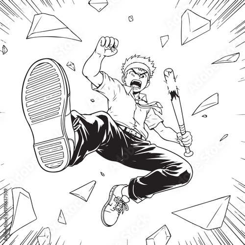 Angry School Delinquent Boy Kicking with Baseball Bat Action Pose