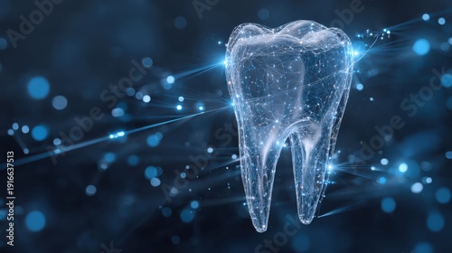 Futuristic digital hologram of a tooth made of blue light particles and data lines, symbolizing advanced dental imaging, diagnostics, and dental technology.
