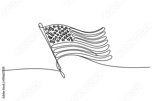 American Flag Continuous Line Drawing Waving on White Background