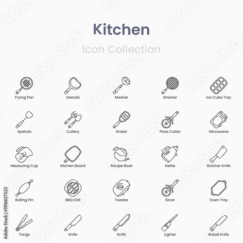 Vector kitchen icon set with cooking utensils appliances and food elements
