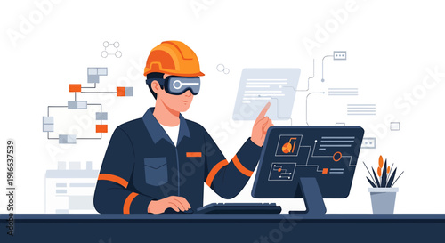 Engineer wearing safety helmet and goggles using computer for industrial design.