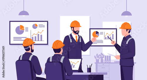 Engineers in hard hats collaborate on a project presentation.