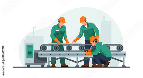 Factory workers operating a conveyor belt assembly line.