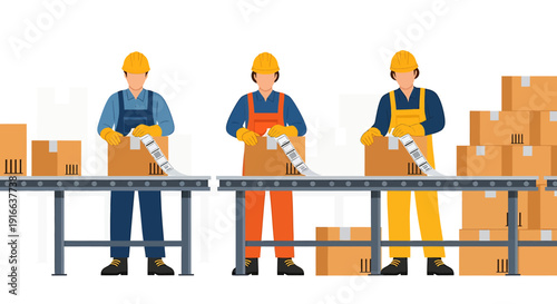 Factory workers sealing boxes on a conveyor belt.