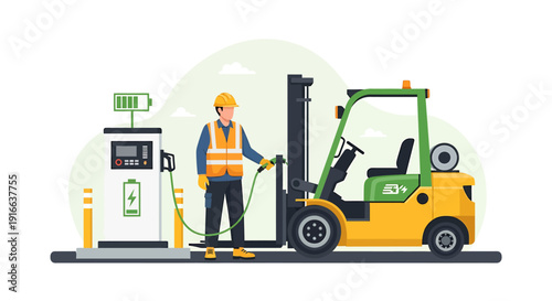 Forklift charging at electric station industrial worker illustration.