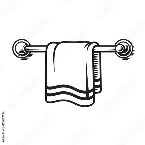 Towel on rack vector illustration in vintage sketch style for bathroom accessory and hotel interior design elements isolated on transparent bg