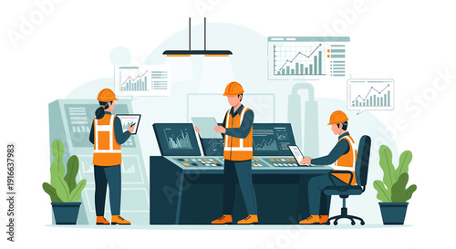 Industrial workers monitoring control panel in factory setting.