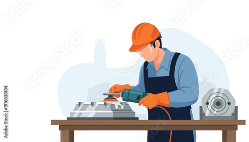 Male worker grinding metal part with power tool in workshop.