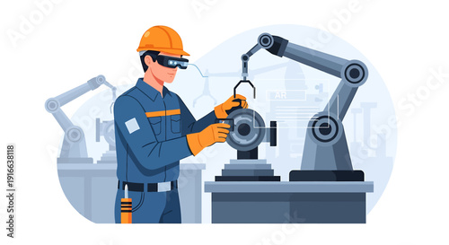 Man wearing augmented reality glasses works with robotic arm in factory.