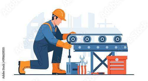 Mechanic working on industrial conveyor belt with tools.