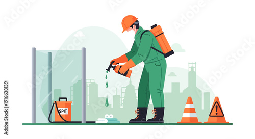 Pest control worker spraying disinfectant with protective gear.