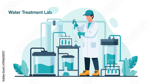 Scientist working in water treatment laboratory with equipment.