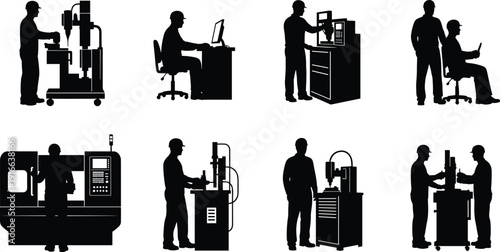 Industrial worker silhouettes collection, manufacturing engineering illustration, CNC machine operator artwork, factory teamwork design, technical workplace tools, production equipment,