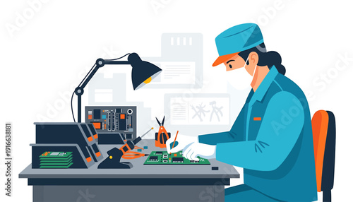 Technician working on electronic circuit board with tools.