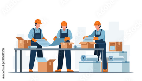 Three factory workers packaging goods on a table.