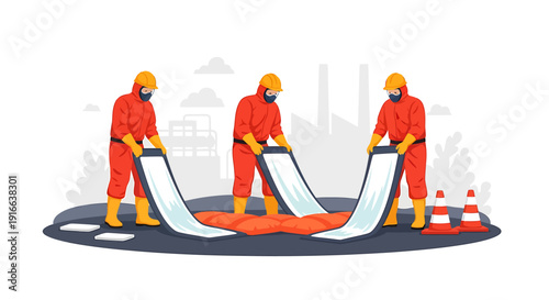 Three Hazmat Workers in Orange Suits Unrolling Protective Mats.