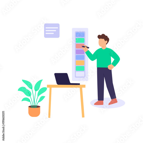 Status Update, providing current progress information, Flat vector character illustration