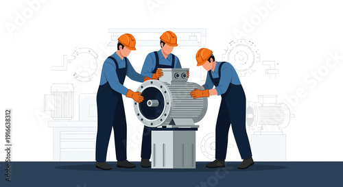 Three male engineers working together on industrial machinery.