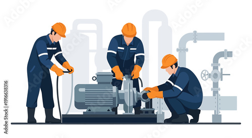 Three mechanics working on industrial pump machinery together.