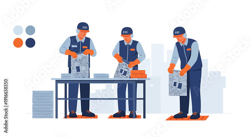 Three postal workers preparing mail for delivery.