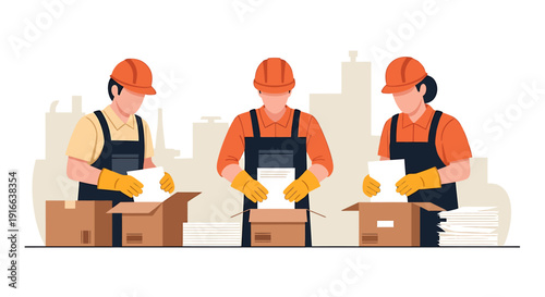 Three workers in hard hats and overalls packing boxes.