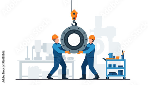 Two construction workers lifting heavy industrial equipment with crane.