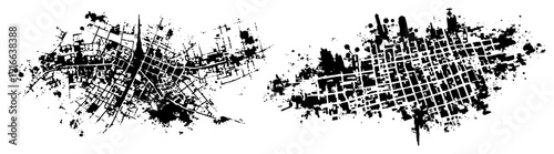 Grunge urban city map plan with artistic ink splatters and grid layout