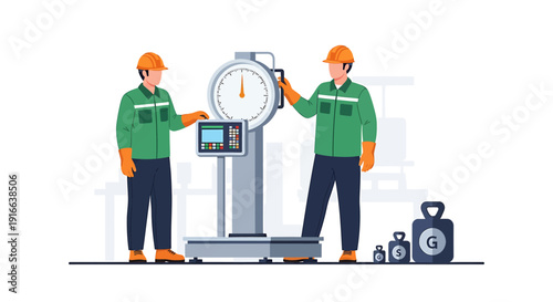 Two workers operate a large industrial scale with weights.