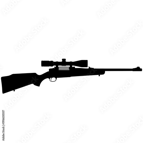 Silhouette of a Rifle with Scope, Isolated on White Background.