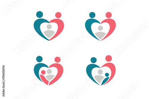 Family Love and Care Logo Set with Parents and Child in Heart Shape for Healthcare, Community, and Social Support in Flat Vector Style