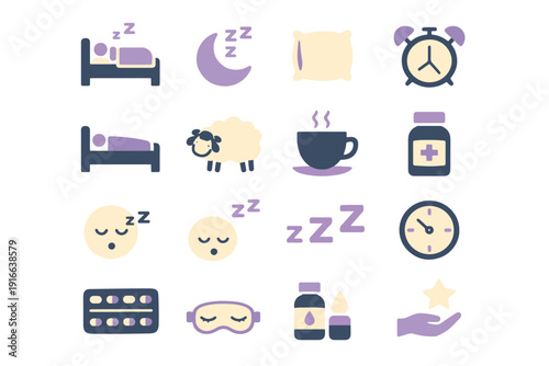 Sleep and insomnia fill icon collection. Includes bed, moon, pillow, alarm clock, sheep, coffee, medicine, sleeping face, zzz, clock, pills, eye mask