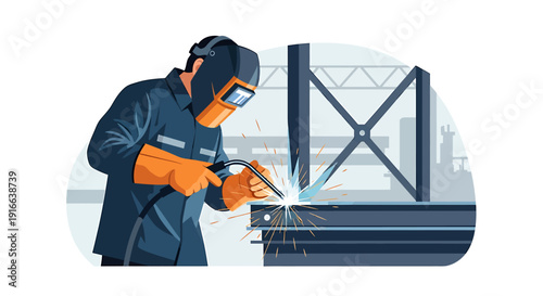 Welder wearing protective gear working on metal structure.