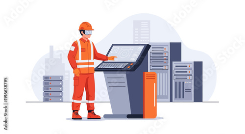 Worker in orange uniform interacting with digital kiosk screen.