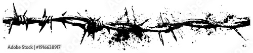 Horizontal barbed wire vector element with grunge ink drips and messy splatters
