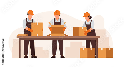 Workers packing boxes on a conveyor belt in a factory.