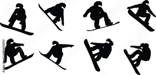 Snowboarder silhouettes in various poses on white background snowboarding black