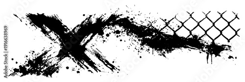 Abstract grunge composition with cross brush strokes chain link fence and ink splatters