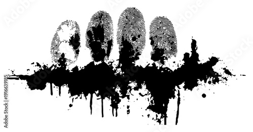 Fingerprint silhouettes on abstract grunge ink splatter background with drips