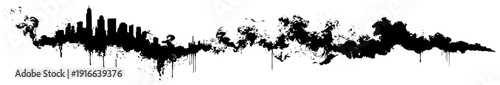 Panoramic urban city skyline silhouette with heavy grunge ink drips and smoke clouds
