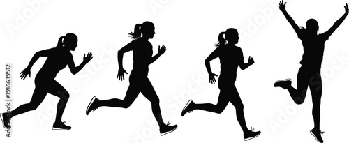 Female runner silhouette sequence showing running and jumping poses fitness training concept isolated on white background black vector illustration