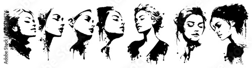 Collection of female face portraits in various poses with high contrast artistic style