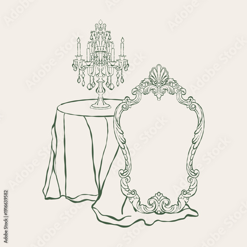 Victorian interior. Classic vintage antique mirror, table with tablecloth, candelabra with candles in the Baroque and Rococo styles. Classic furniture. Vector outline clipart. Retro hand-drawn
