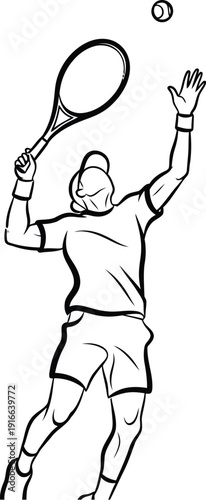 Black and white outline drawing depicting a tennis player executing a powerful overhead serve toss motion preparing to strike the ball against a white background.