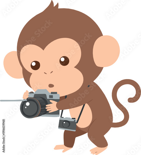 Cute monkey holding camera illustration representing playful animal photographer, creative hobby, and adorable cartoon mascot in modern flat vector style