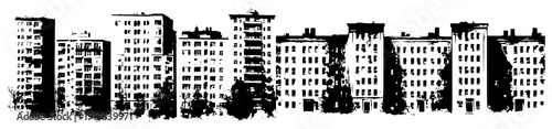 Panoramic urban skyline with apartment building silhouettes in grungy ink style
