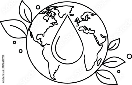 Simple black line art icon depicting the concept of global water conservation featuring a large teardrop shape centered over the earth surrounded by leaves.
