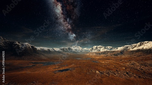 Tablou pe pânză Breathtaking view of rugged mountains with snow capped peaks, an expanse of orange brown earth, and a vast starry sky filled with bright stars and the Milky Way