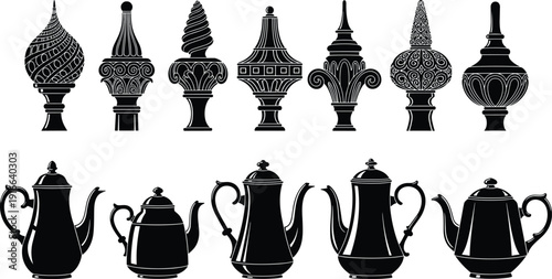 Vintage teapots and decorative finials collection, classic antique tea kettles vector silhouette illustration set isolated