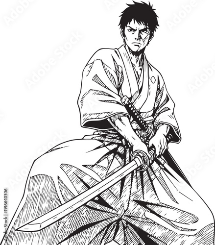 Solid Black Ink Woodcut Style Blacksmith Manga Illustration