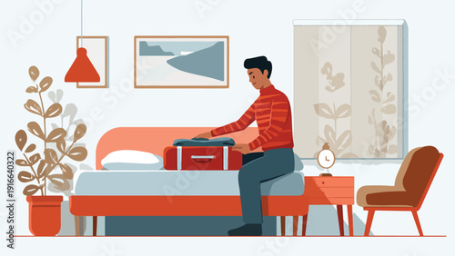 Person packing a suitcase on a bed in a room with a plant